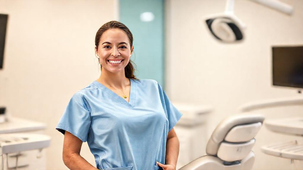 A smiling dentist beside the chair in a bright operatory, illustrative