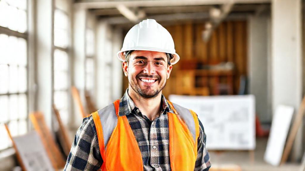A smiling construction professional at a bright site office, illustrative